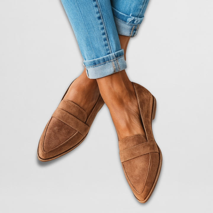 Women's pointed toe loafers with penny strap detail and flat soles