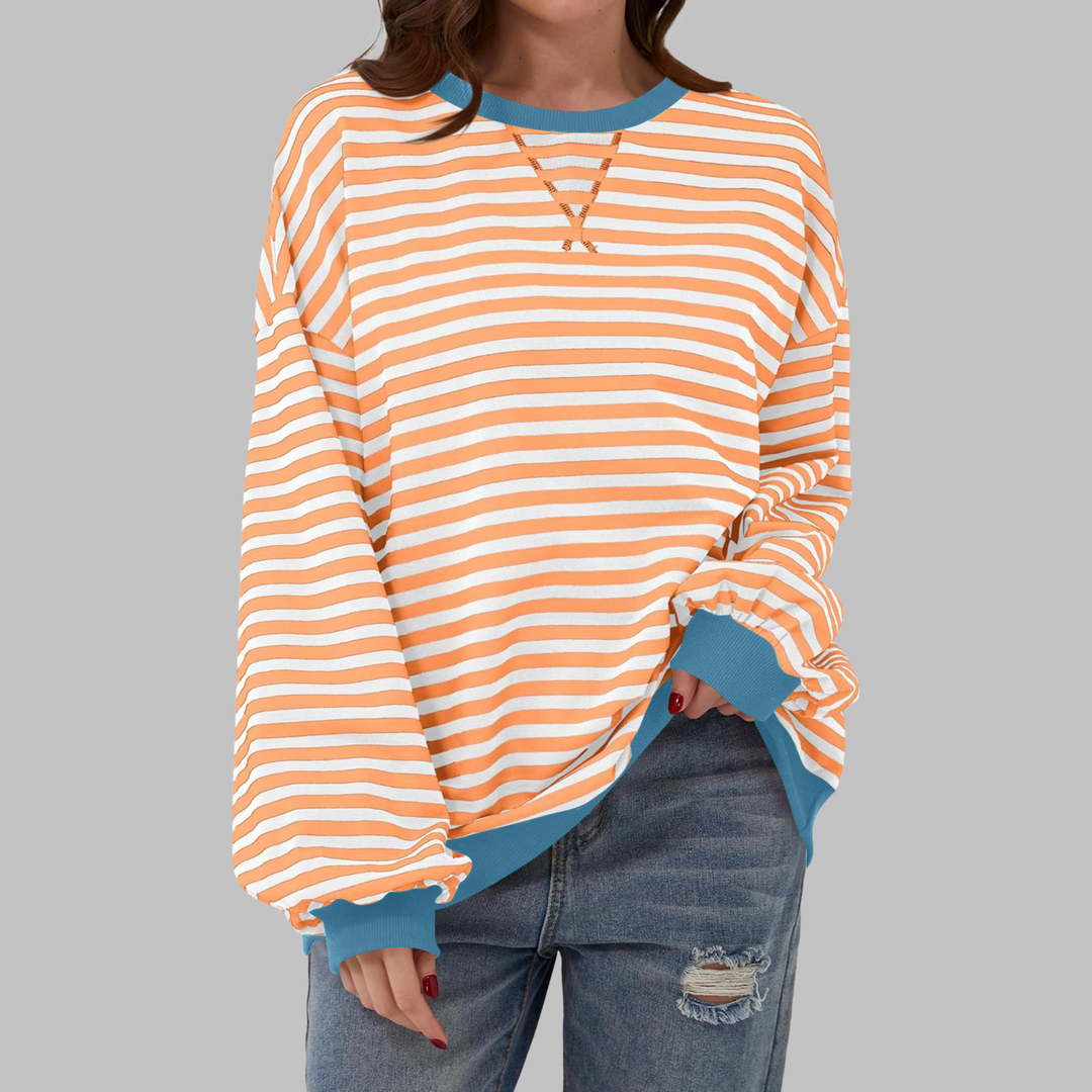 Women's striped crew neck sweatshirt with long sleeves and ribbed trims