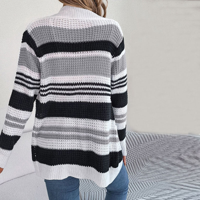 Women's striped open-front cardigan with dropped shoulders and patch pockets