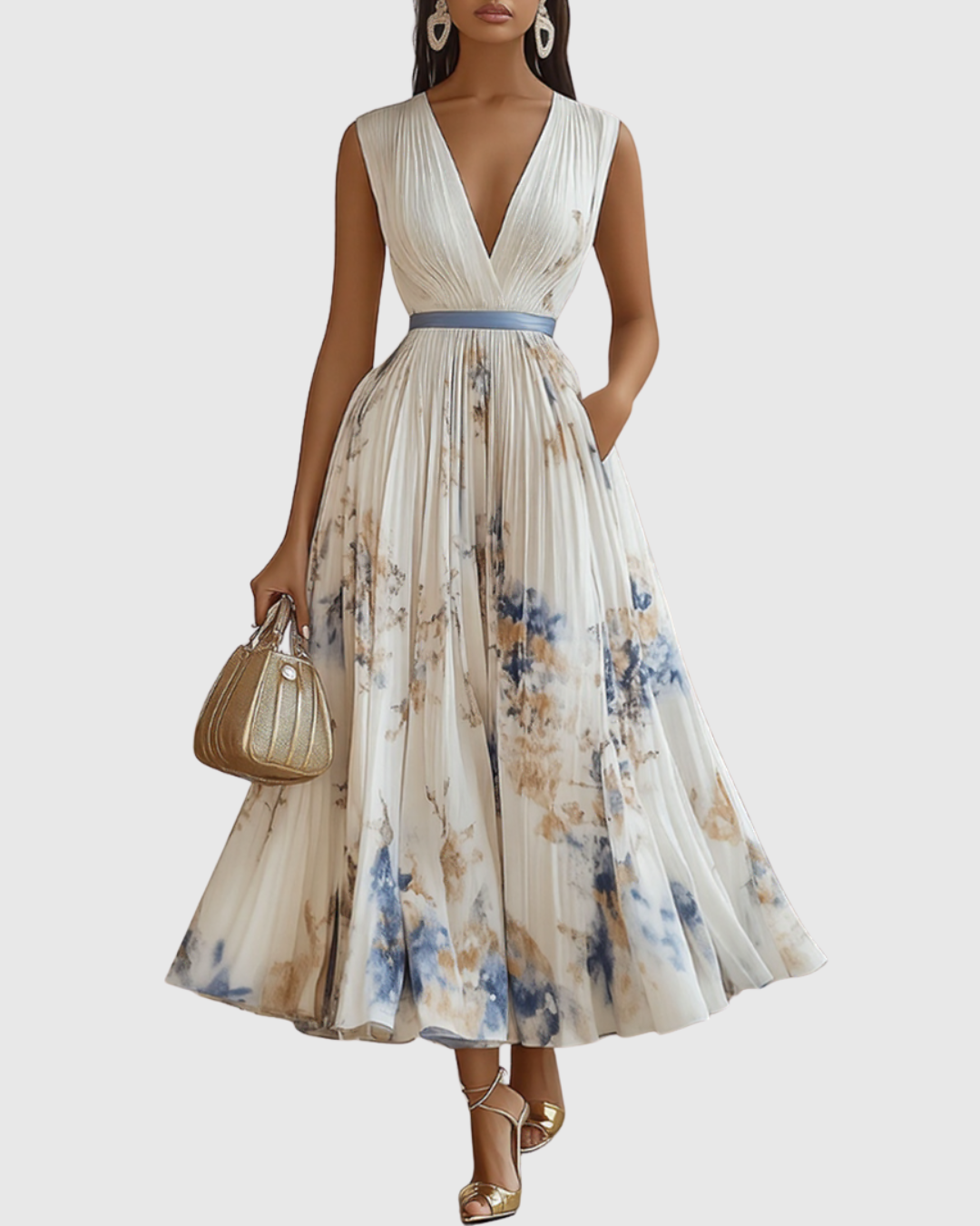 Women's Wedding Guest Midi Dress | Pleat V-Neck