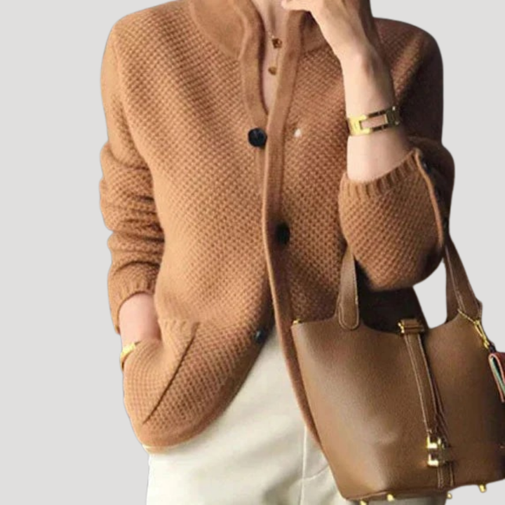 Women's textured knit button cardigan with mock neck, long sleeves and front pockets