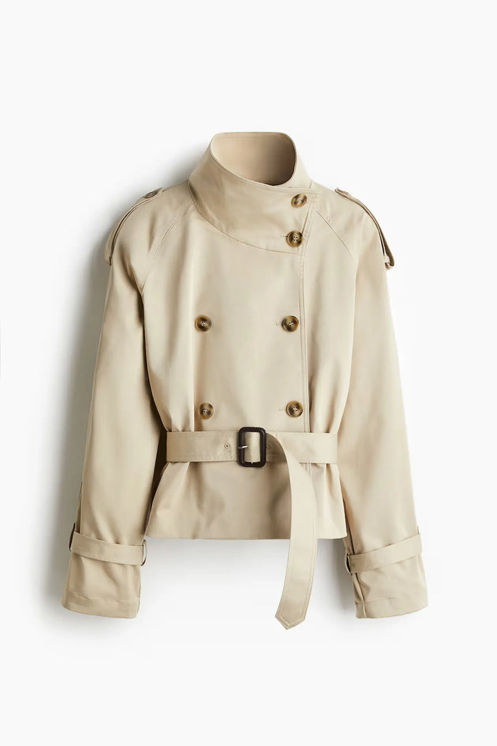 Women's short belted trench coat with high collar and long sleeves