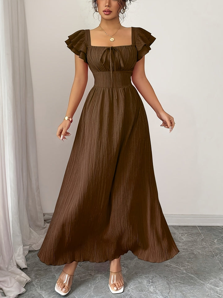 Women's Brown Maxi Dress | Square Neck A-Line