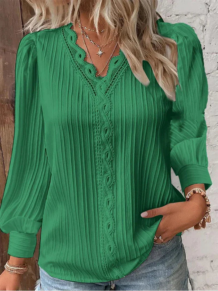 Blouse For Women | Pleated V Neck Long Sleeve