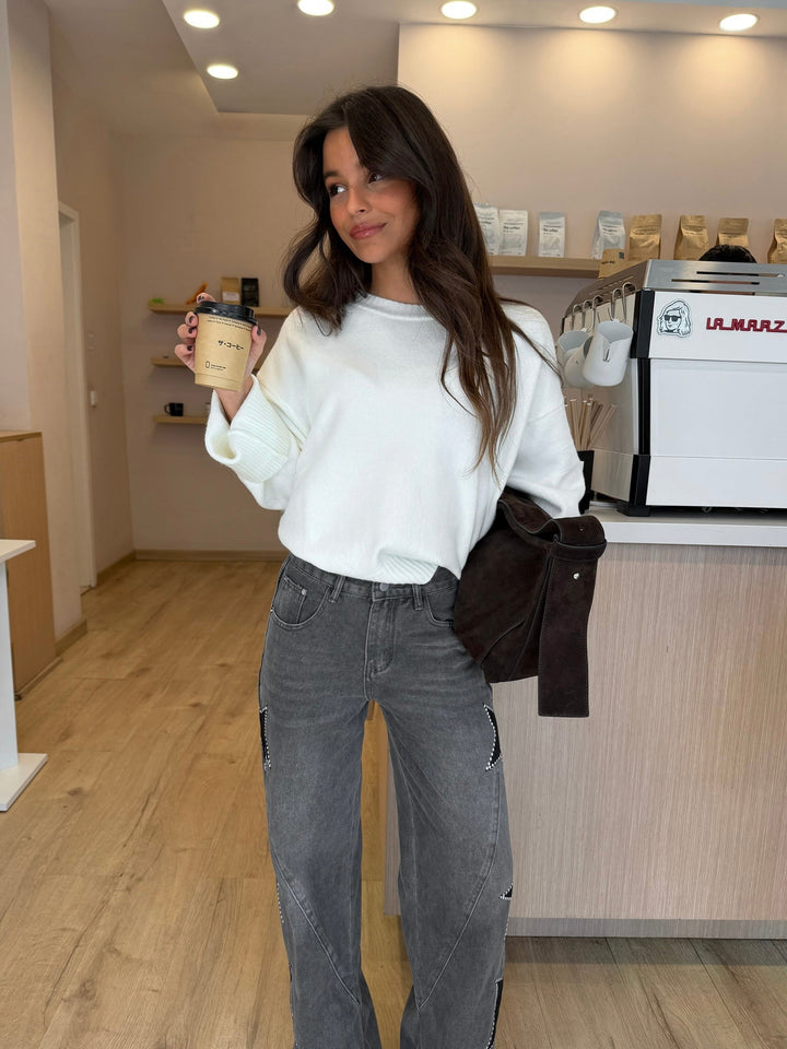 Women's gray wide leg jeans with studded star details