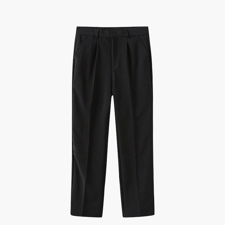 Women's high-rise pleated straight-leg trousers with belt loops and full-length hems