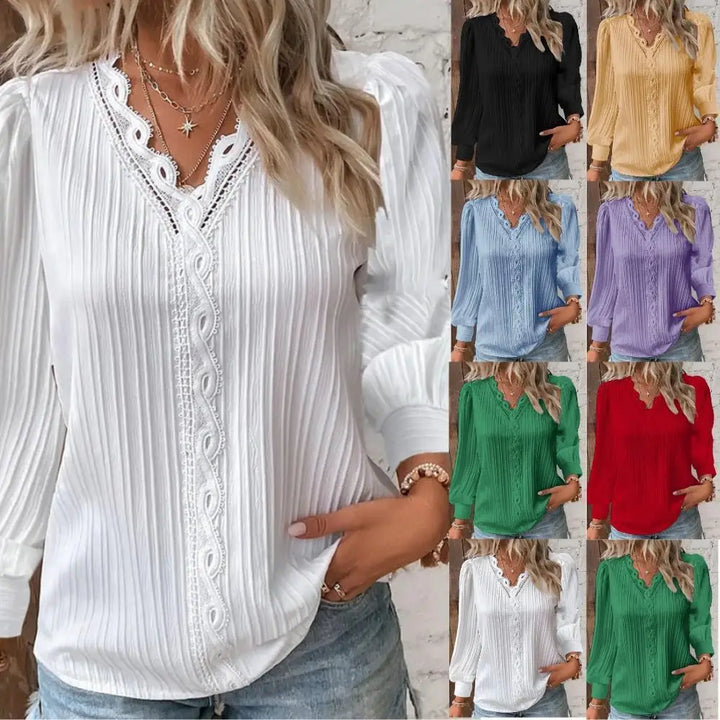 Blouse For Women | Pleated V Neck Long Sleeve
