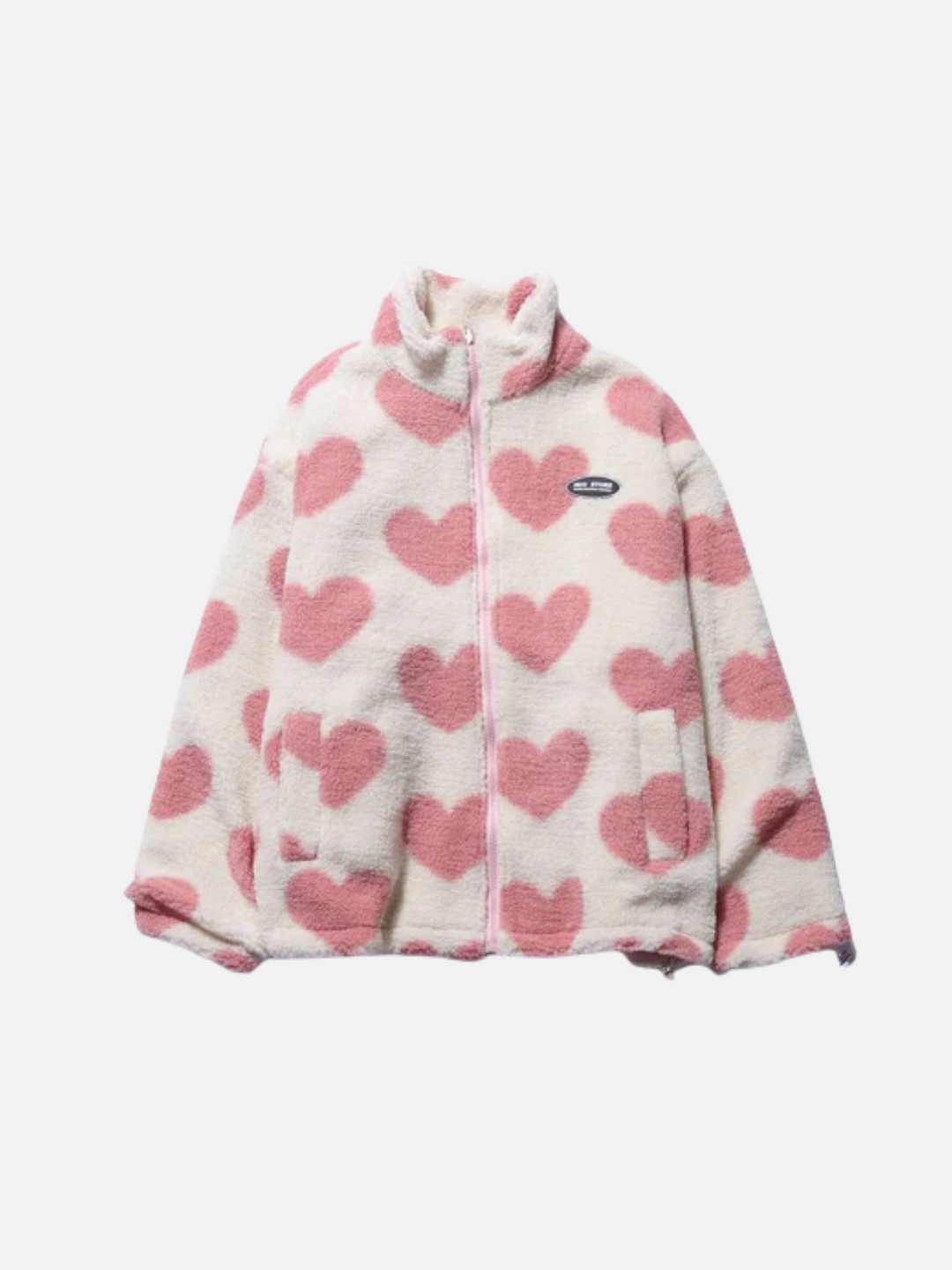 Reversible jacket with heart-patterned textured side, high collar and zip front