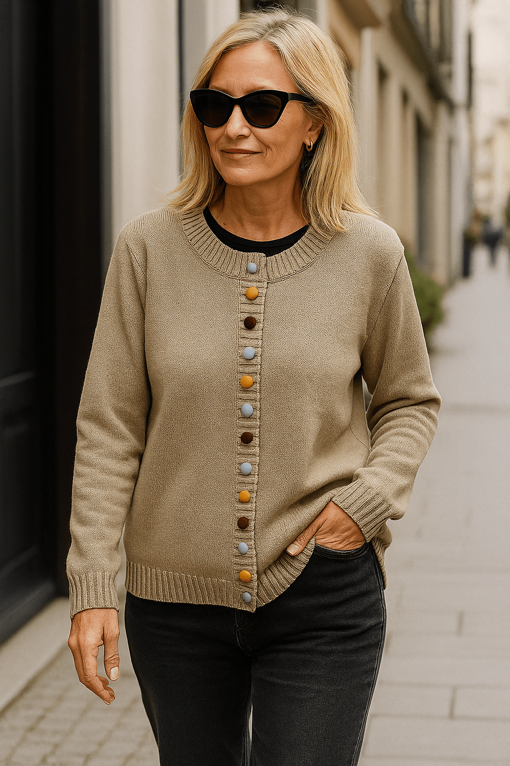 Women's long-sleeve button-front cardigan with ribbed trims and colourful buttons