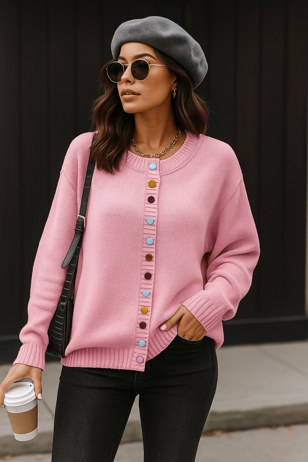 Women's long-sleeve button-front cardigan with ribbed trims and colourful buttons
