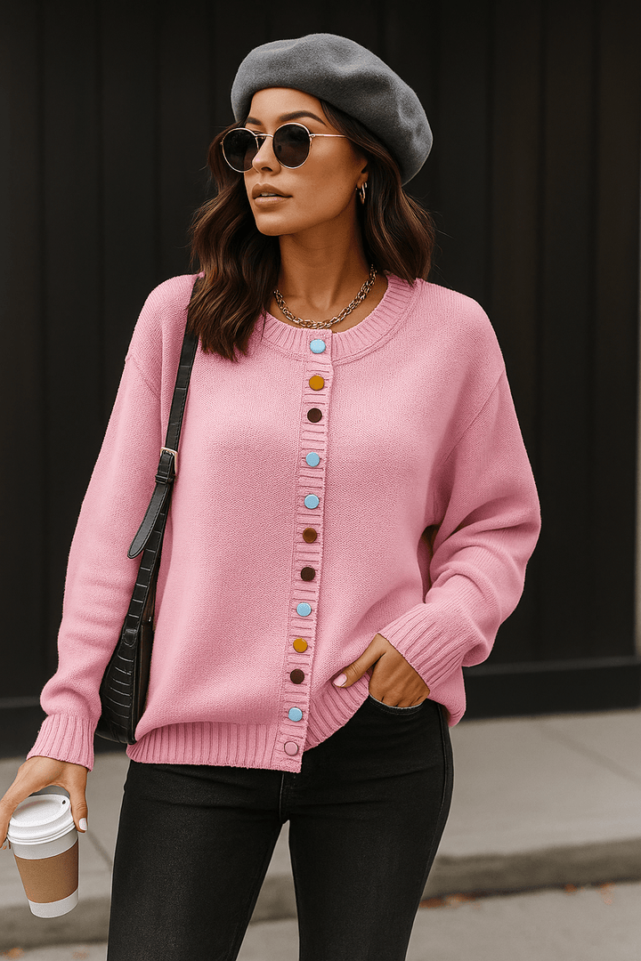Women's long-sleeve button-front cardigan with ribbed trims and colourful buttons