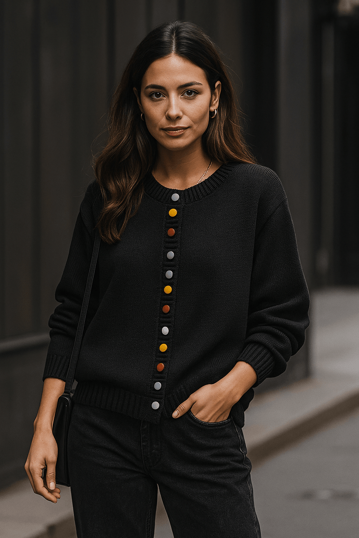 Women's long-sleeve button-front cardigan with ribbed trims and colourful buttons
