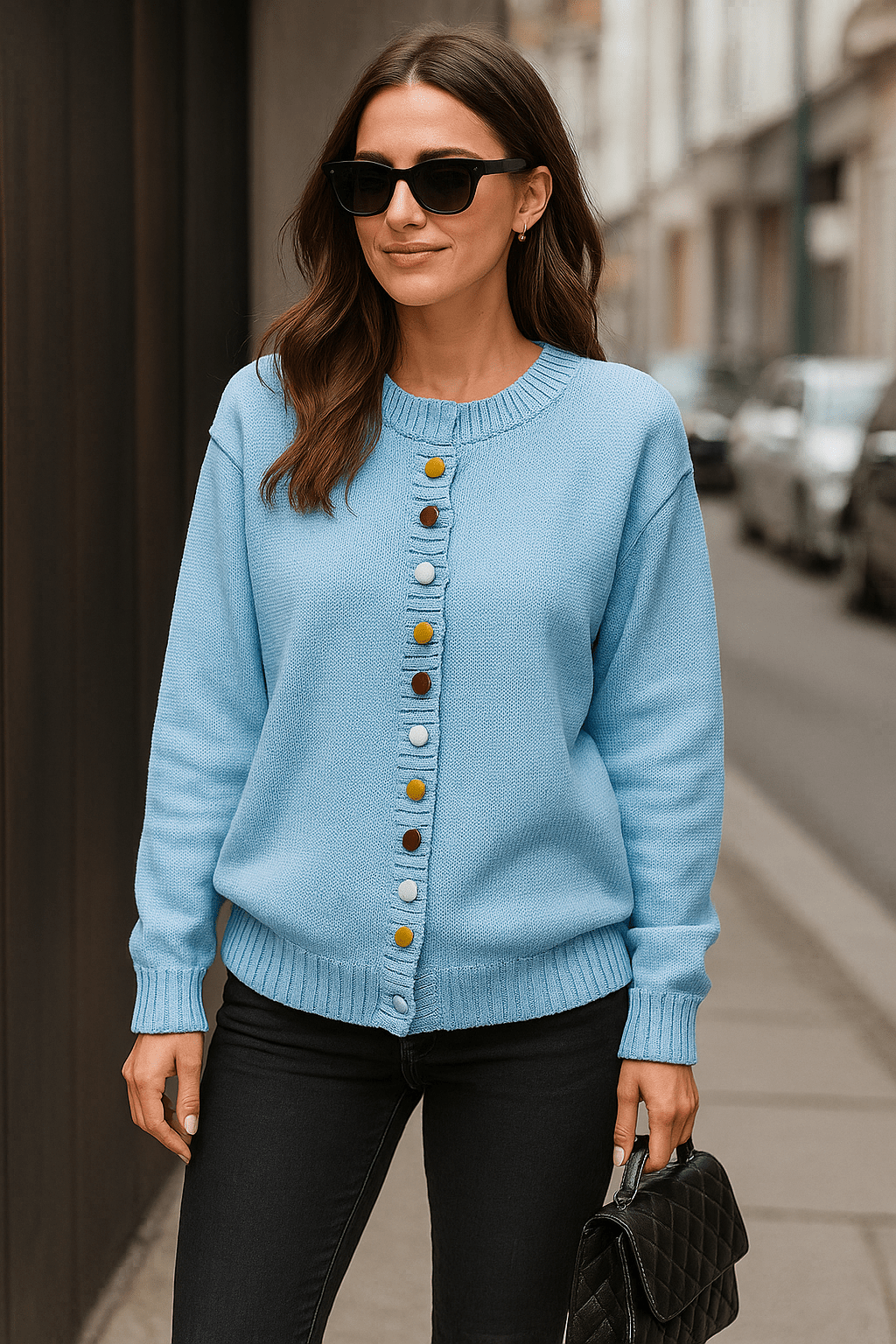 Women's long-sleeve button-front cardigan with ribbed trims and colourful buttons