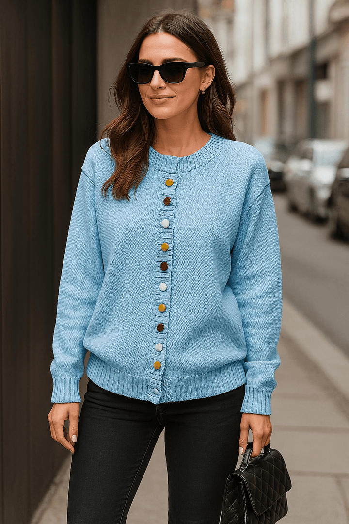Women's long-sleeve button-front cardigan with ribbed trims and colourful buttons