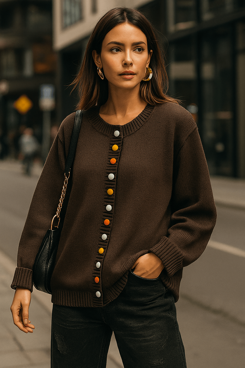 Women's long-sleeve button-front cardigan with ribbed trims and colourful buttons