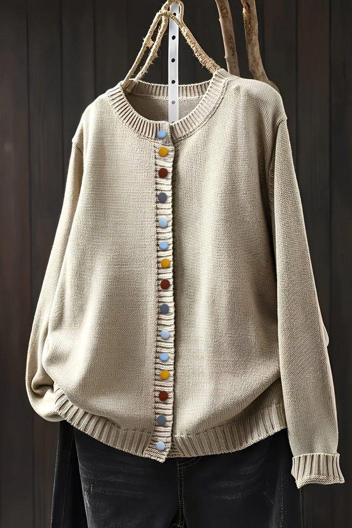 Women's long-sleeve button-front cardigan with ribbed trims and colourful buttons