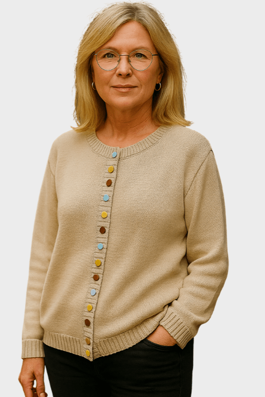 Women's long-sleeve button-front cardigan with ribbed trims and colourful buttons