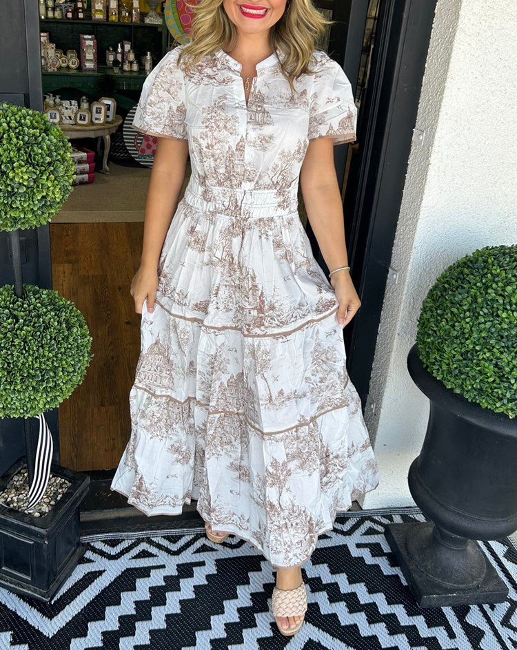 Vintage Dress For Women | Maxi Toile Print Tiered Design