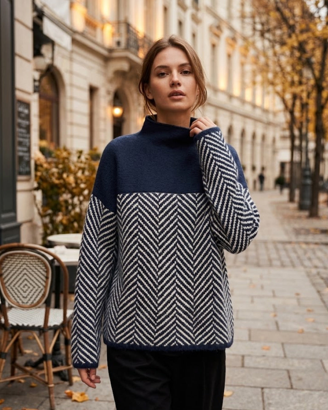 Women's high-neck sweater with contrasting chevron pattern and long sleeves