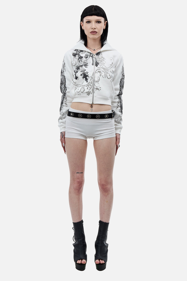 Women's white cropped hoodie with hood, front zipper and black gray graphic print