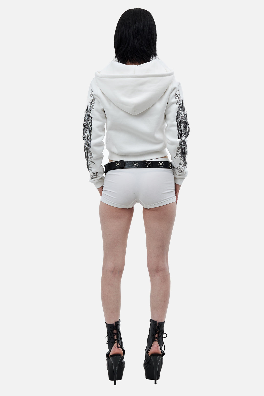 Women's white cropped hoodie with hood, front zipper and black gray graphic print