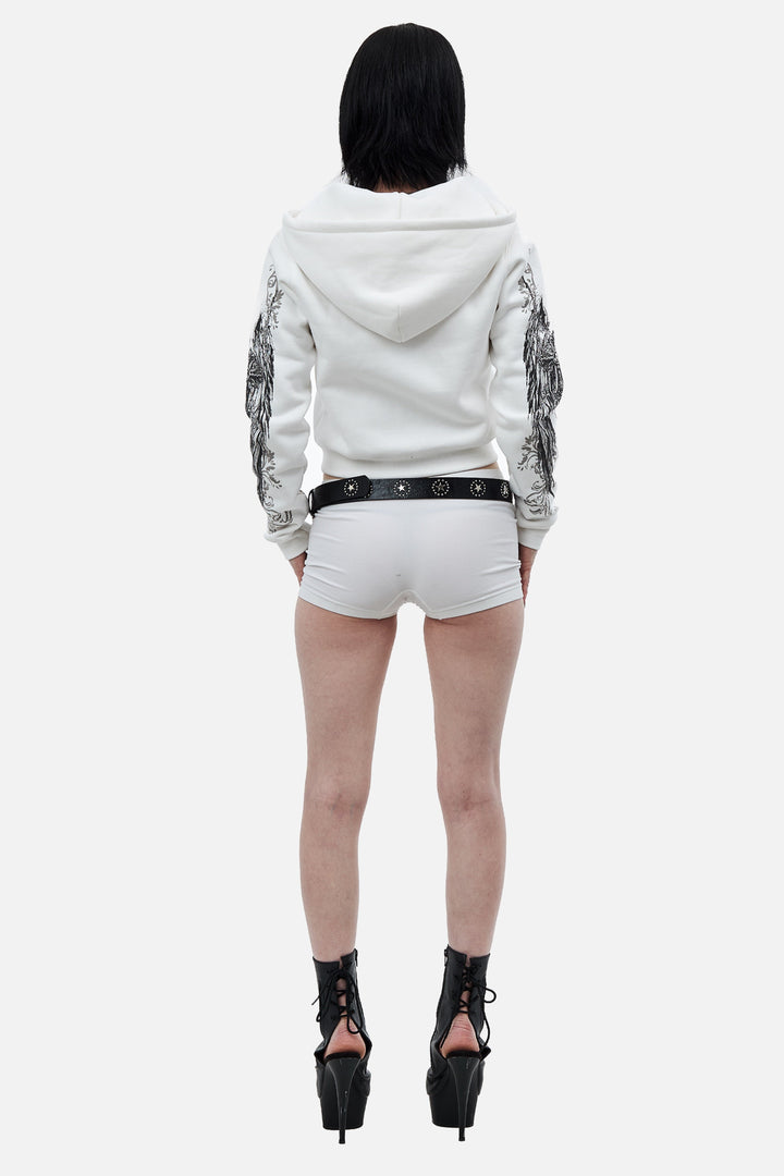 Women's white cropped hoodie with hood, front zipper and black gray graphic print