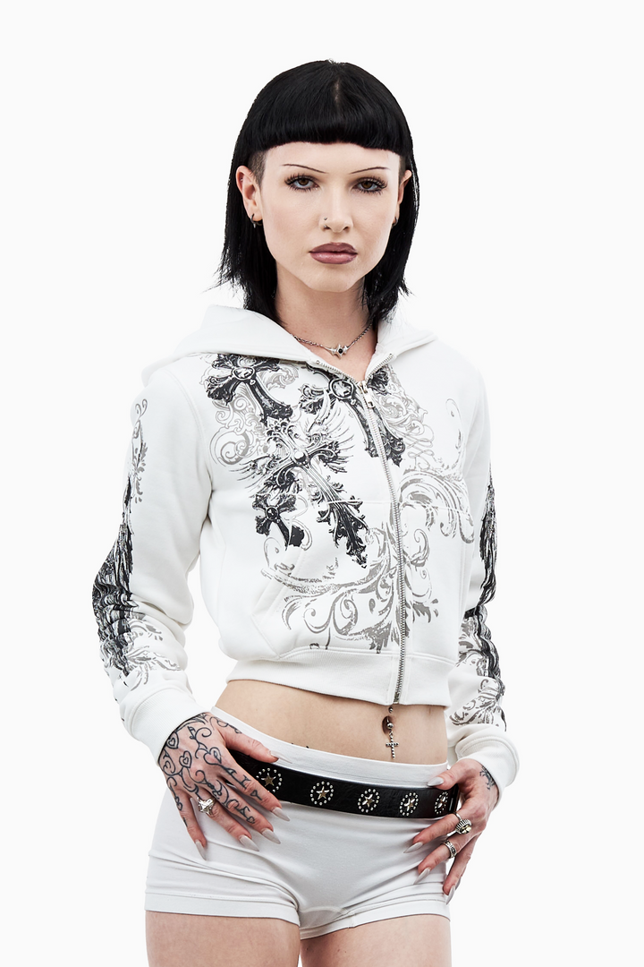 Women's white cropped hoodie with hood, front zipper and black gray graphic print
