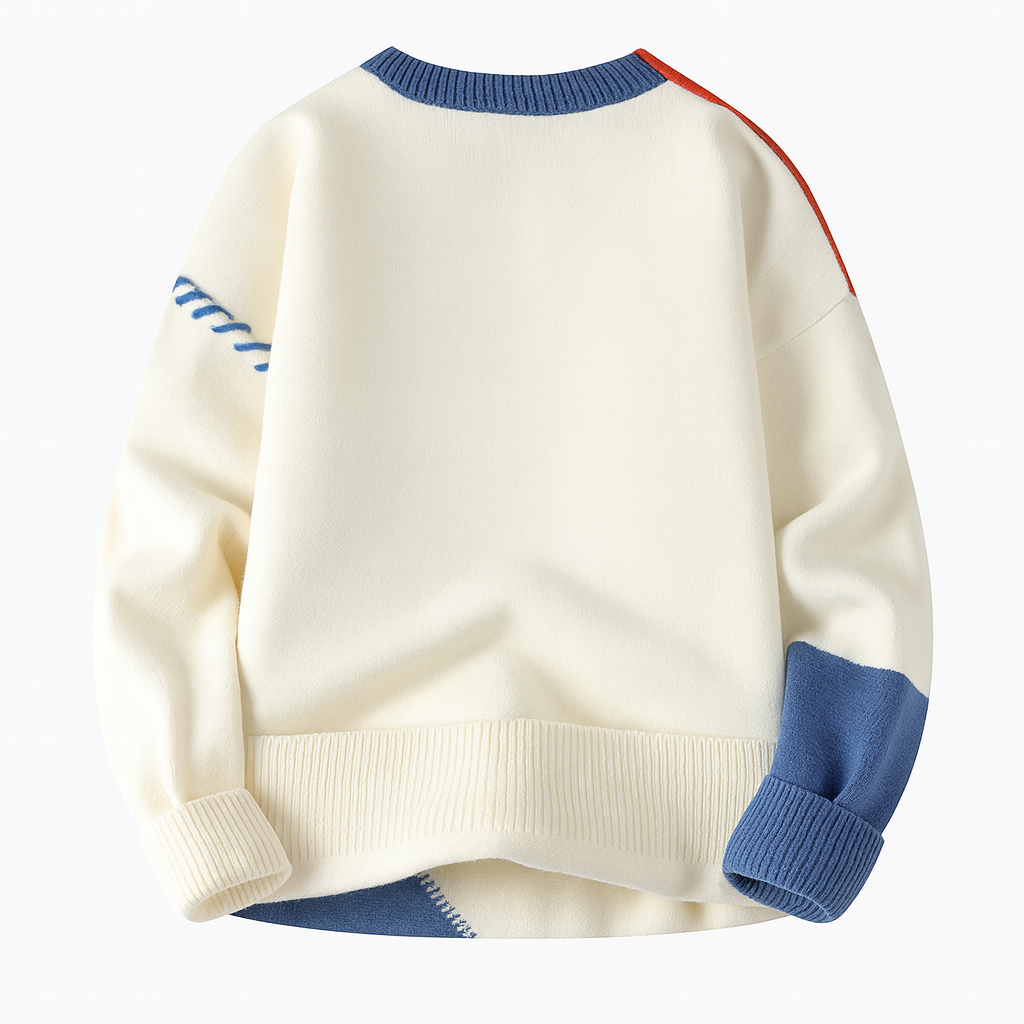 Women's patchwork cable knit sweater with crew neck and contrasting stitched panels
