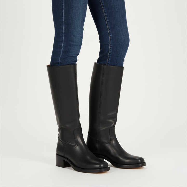Women's knee-high boots with panel detailing and block heels
