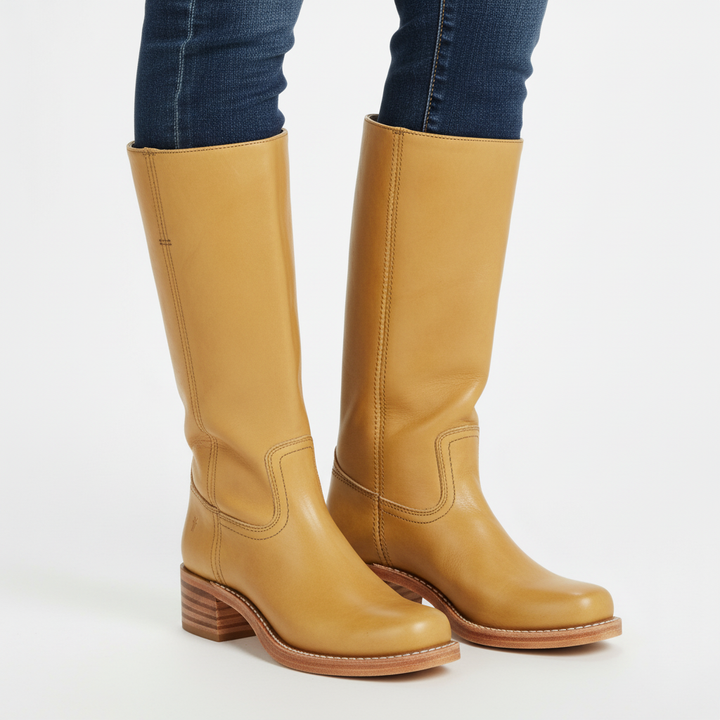 Women's knee-high boots with panel detailing and block heels
