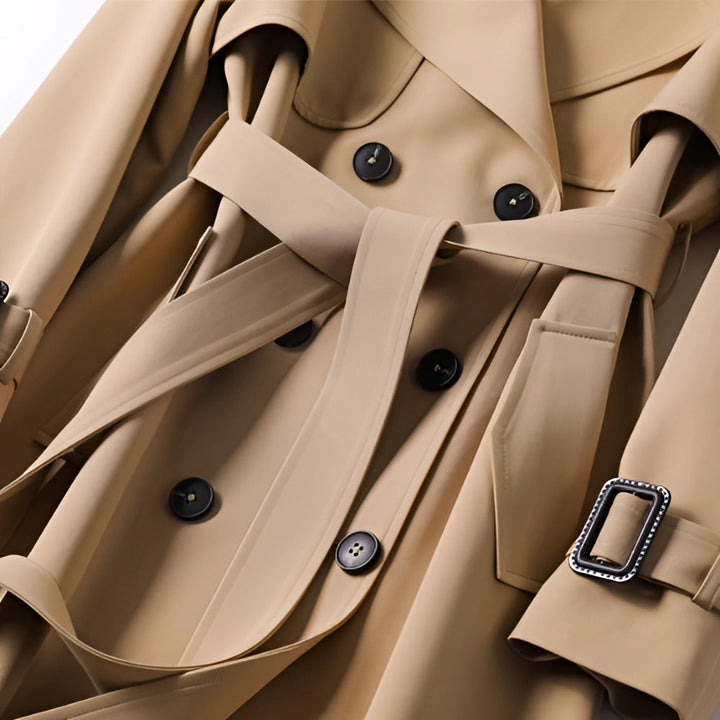 Women's long belted double-breasted trench coat with lapels and cuff straps