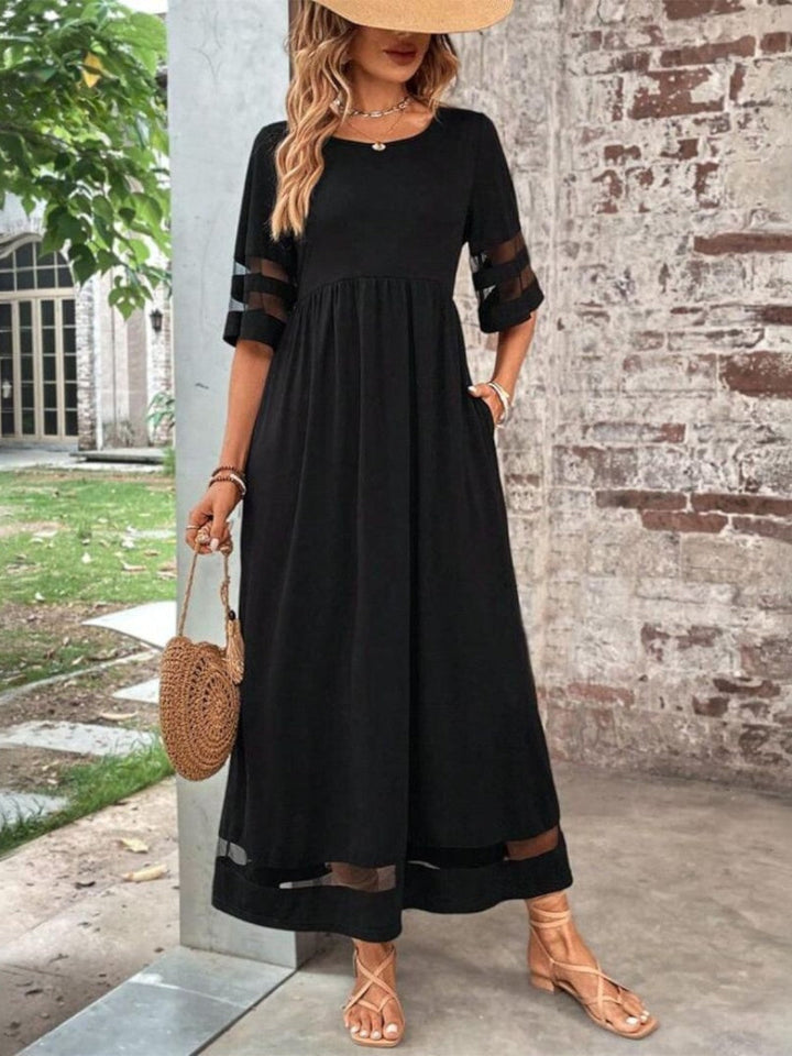 Women’s Dress | Round Neck Maxi with Sheer Mesh Sleeves