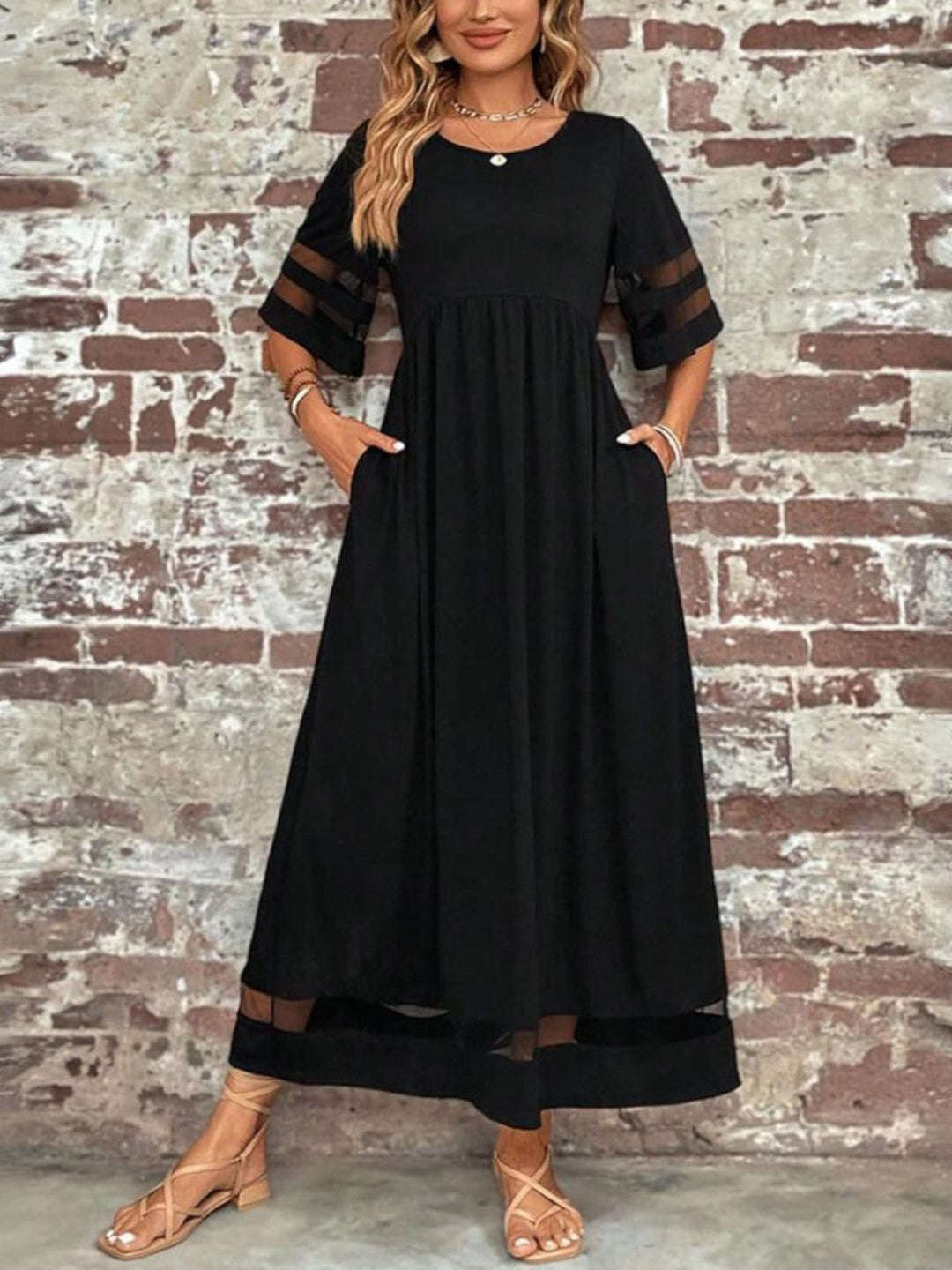 Women’s Dress | Round Neck Maxi with Sheer Mesh Sleeves