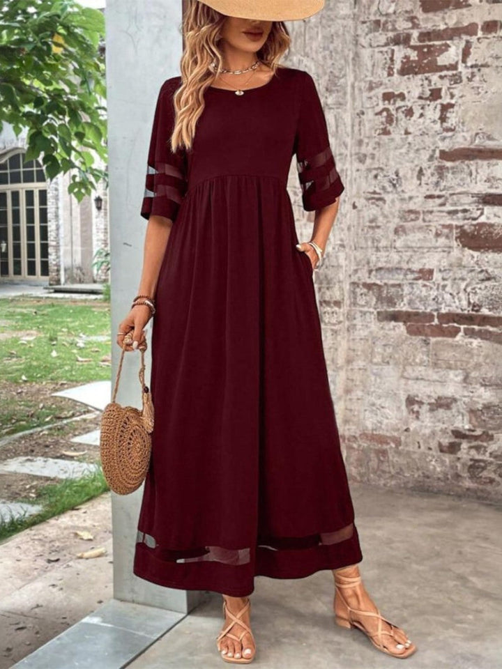 Women’s Dress | Round Neck Maxi with Sheer Mesh Sleeves