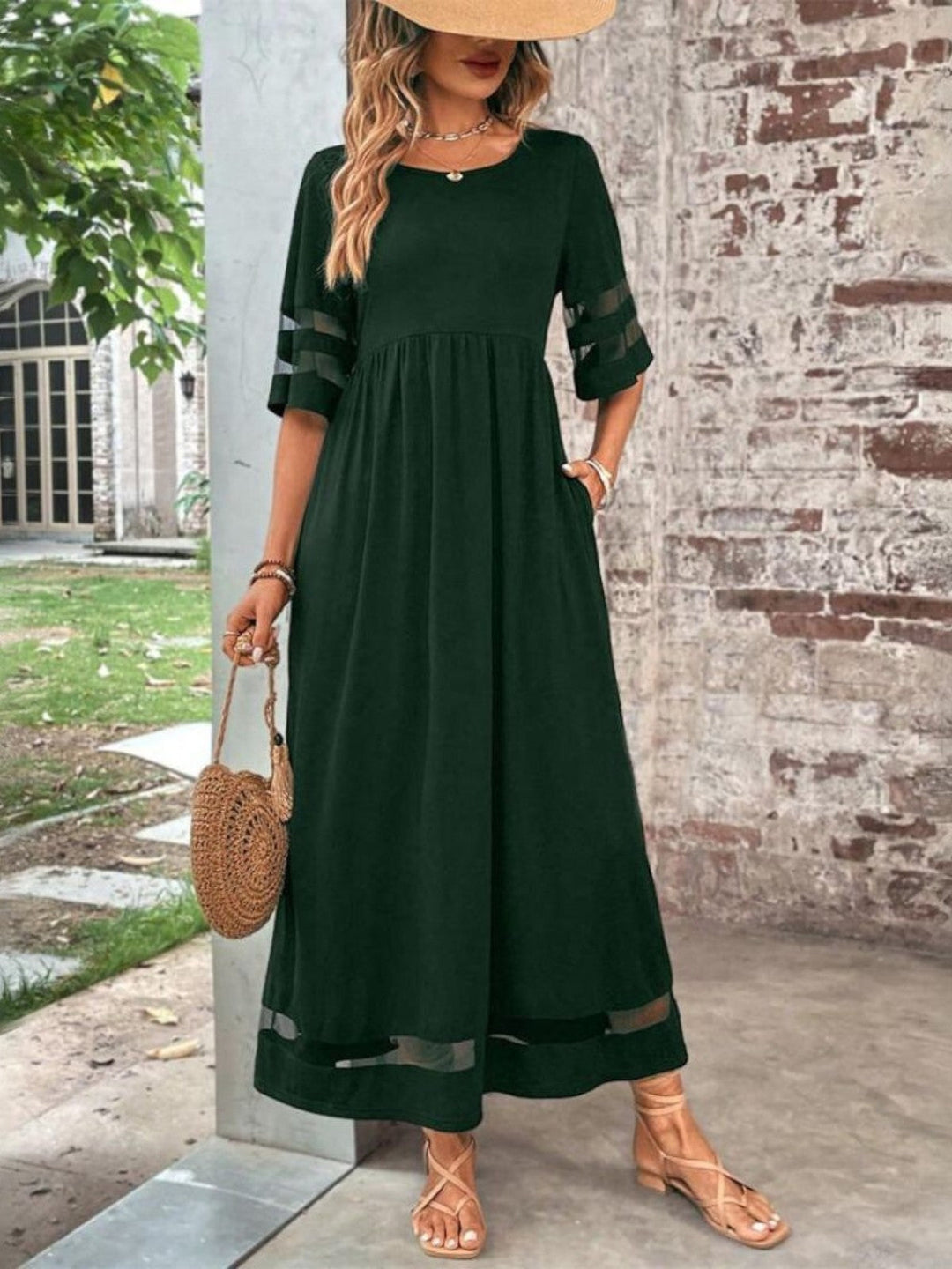 Women’s Dress | Round Neck Maxi with Sheer Mesh Sleeves