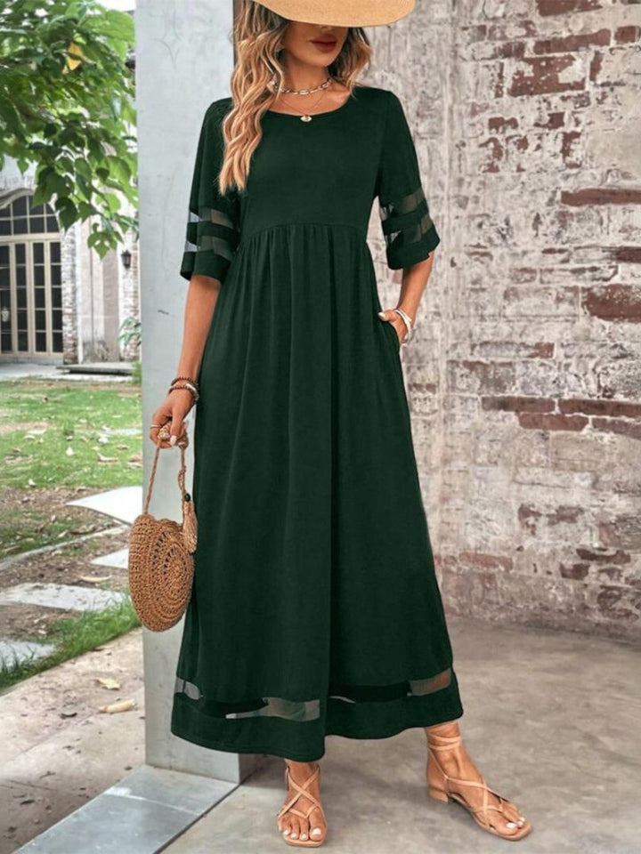Women’s Dress | Round Neck Maxi with Sheer Mesh Sleeves