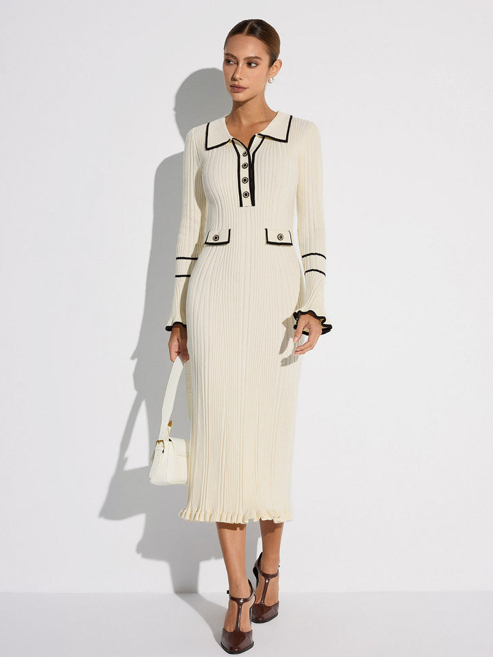 Women's off white ribbed midi sweater dress with black contrast trim, collar, buttons and long sleeves