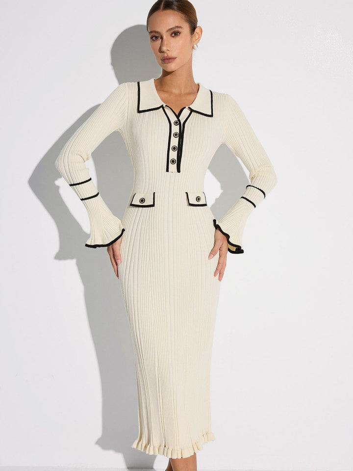 Women's off white ribbed midi sweater dress with black contrast trim, collar, buttons and long sleeves