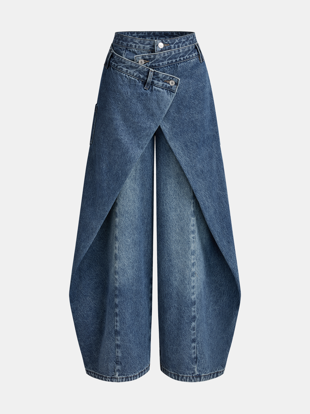 Women's blue wide-leg jeans with cross-front button waistband and utility pocket