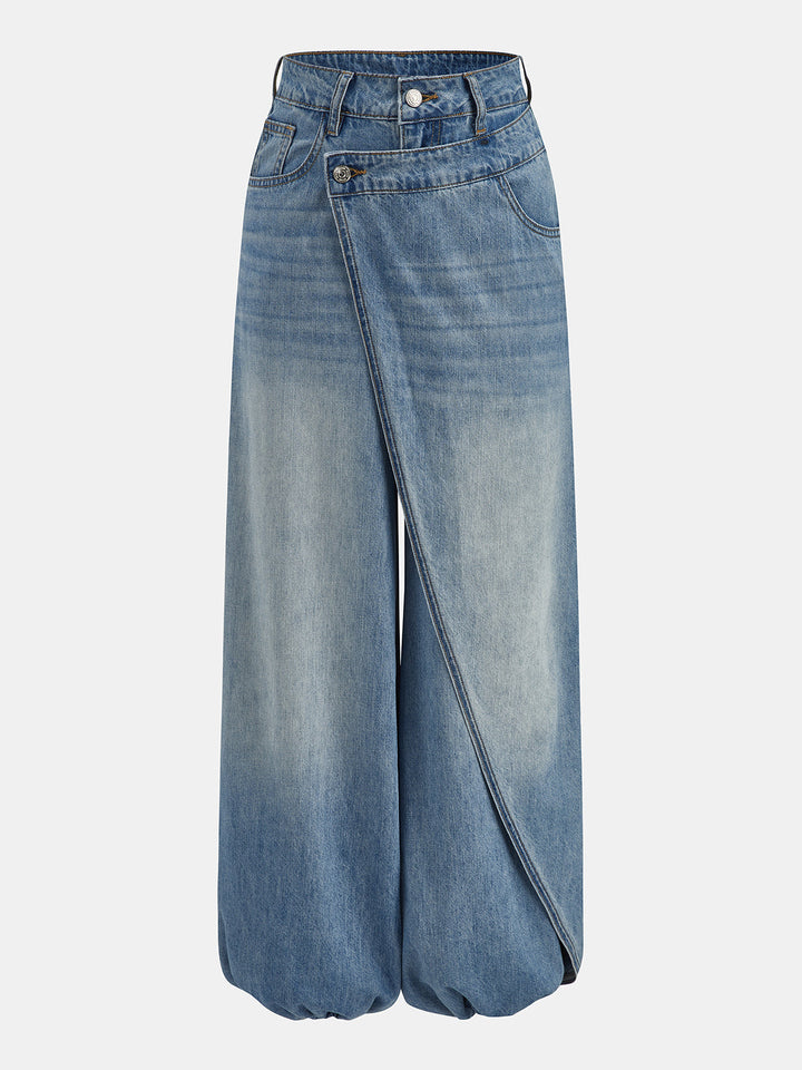Women's blue high-waisted wrap wide-leg jeans with buttons, pockets and gathered hems