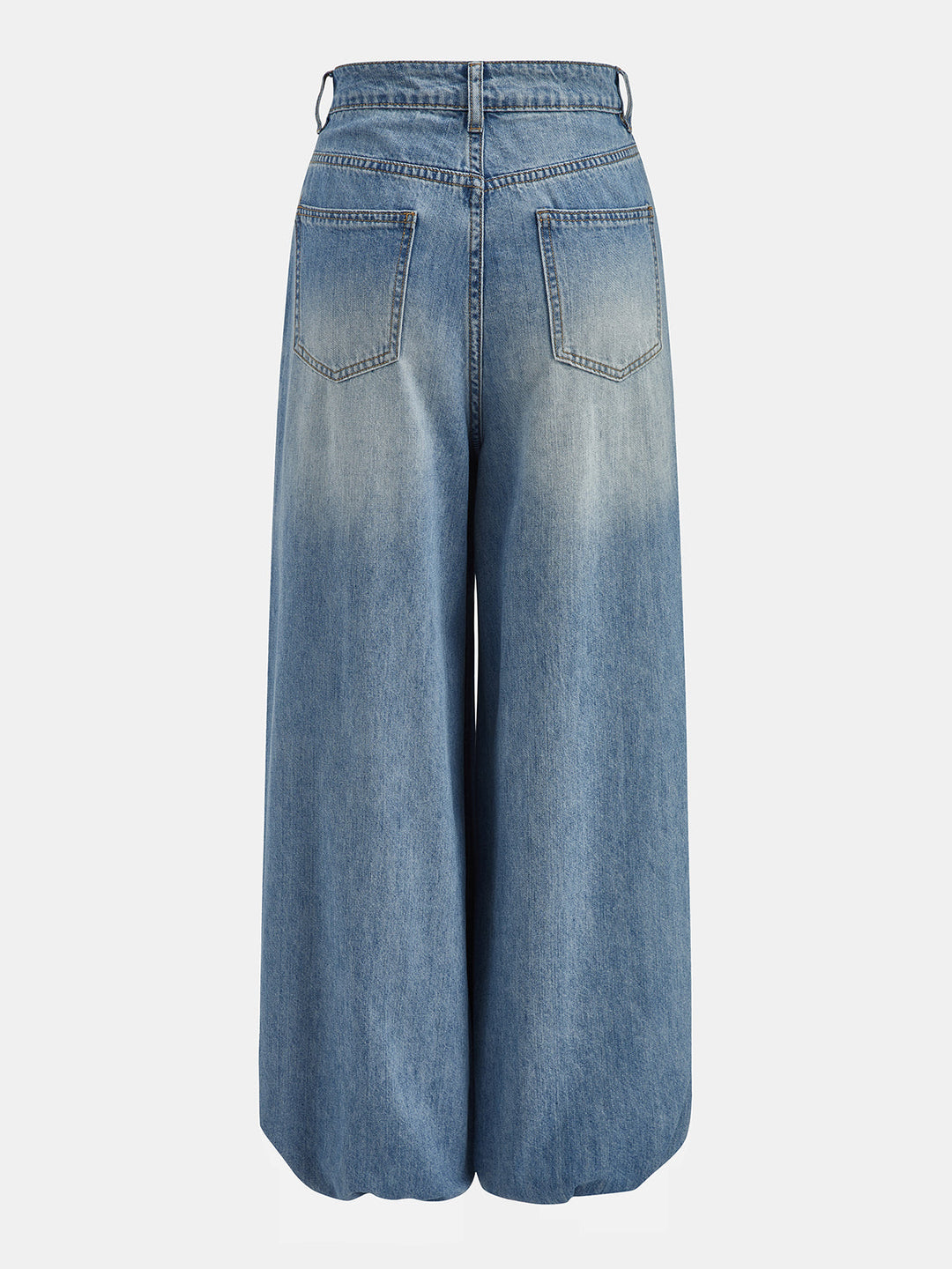 Women's blue high-waisted wrap wide-leg jeans with buttons, pockets and gathered hems