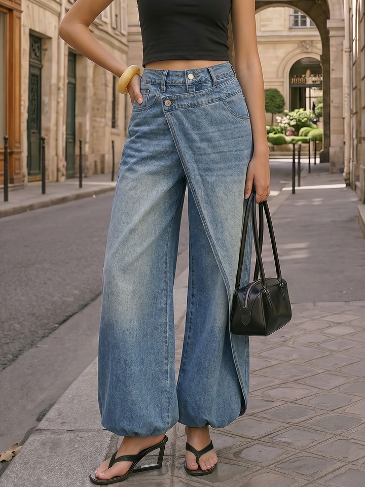 Women's blue high-waisted wrap wide-leg jeans with buttons, pockets and gathered hems