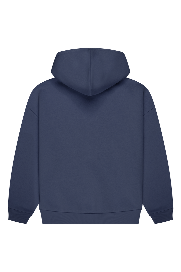 Women's navy pullover hoodie with hood, long sleeves and chest logo