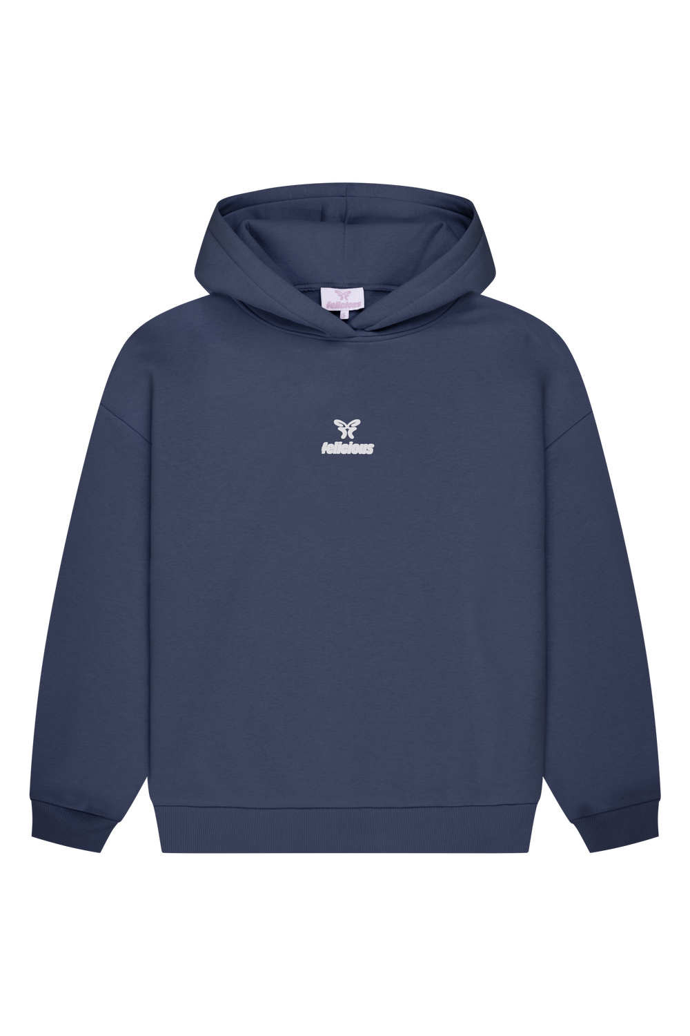 Women's navy pullover hoodie with hood, long sleeves and chest logo