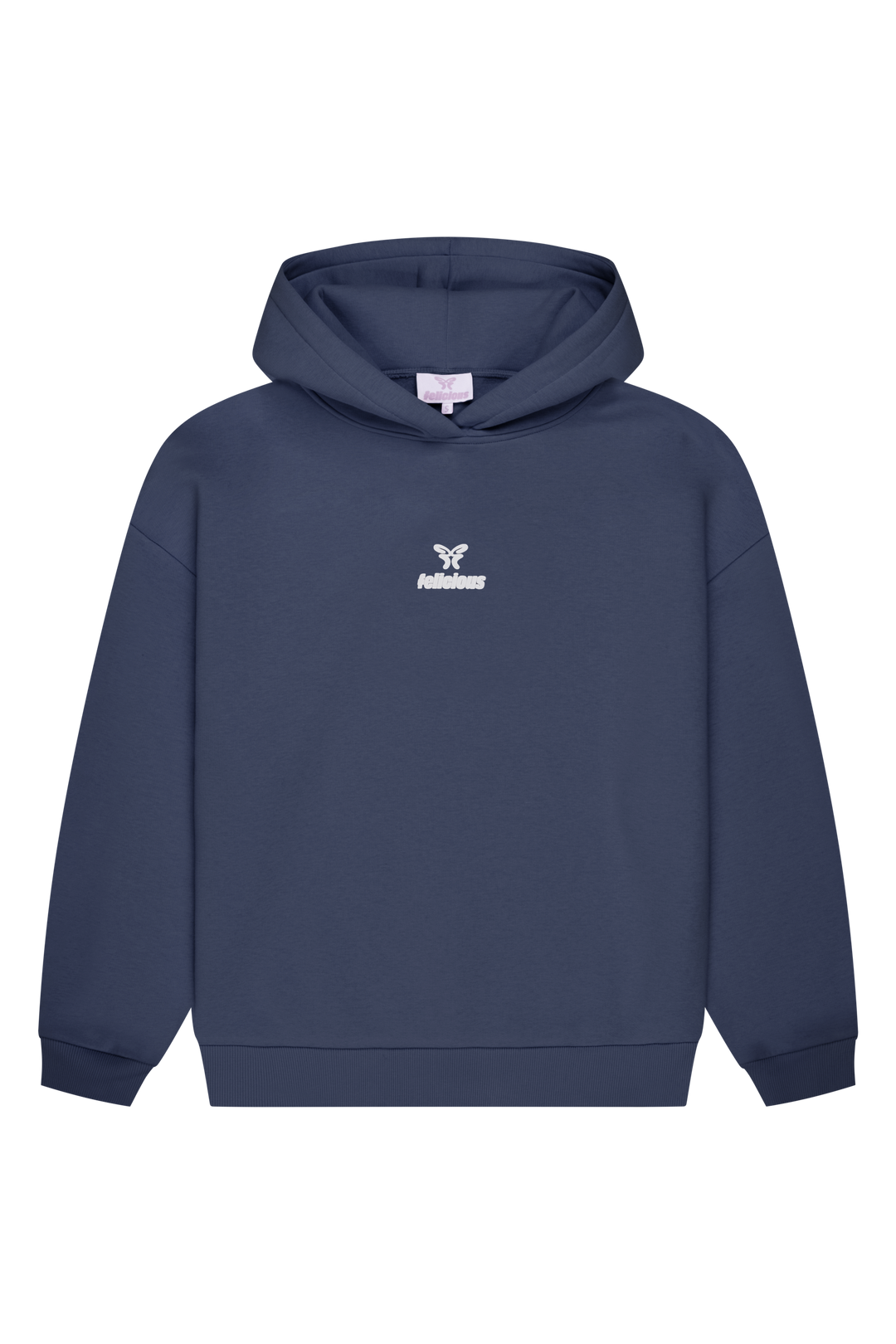 Women's navy pullover hoodie with hood, long sleeves and chest logo