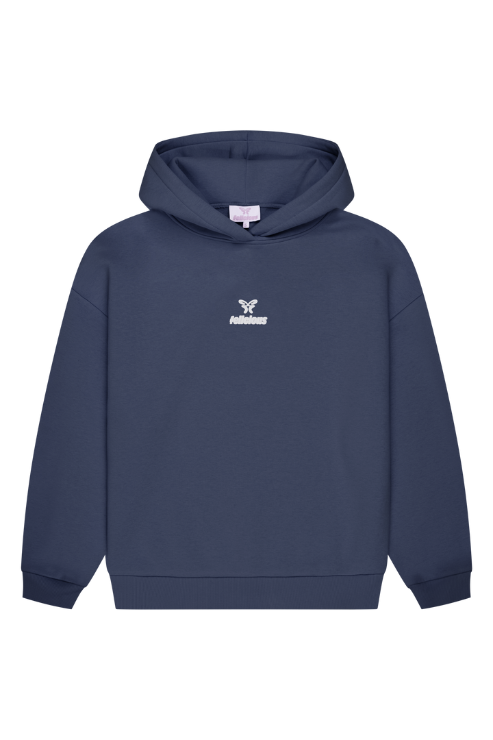 Women's navy pullover hoodie with hood, long sleeves and chest logo