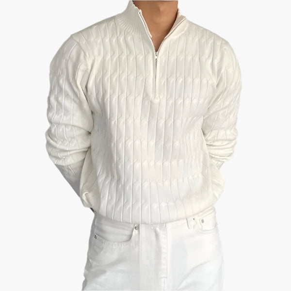 Ribbed half-zip mock neck sweater with long sleeves