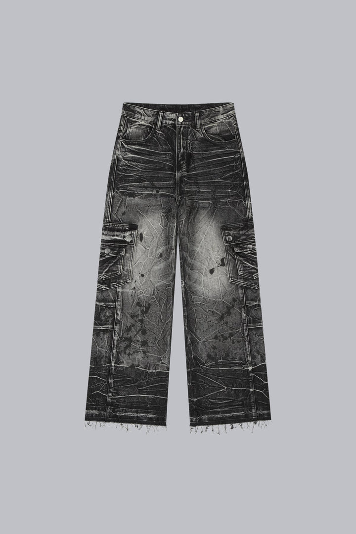 Black wide-leg cargo jeans with fractured textured finish and multiple utility pockets
