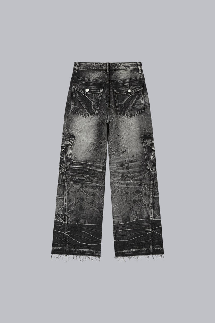 Black wide-leg cargo jeans with fractured textured finish and multiple utility pockets