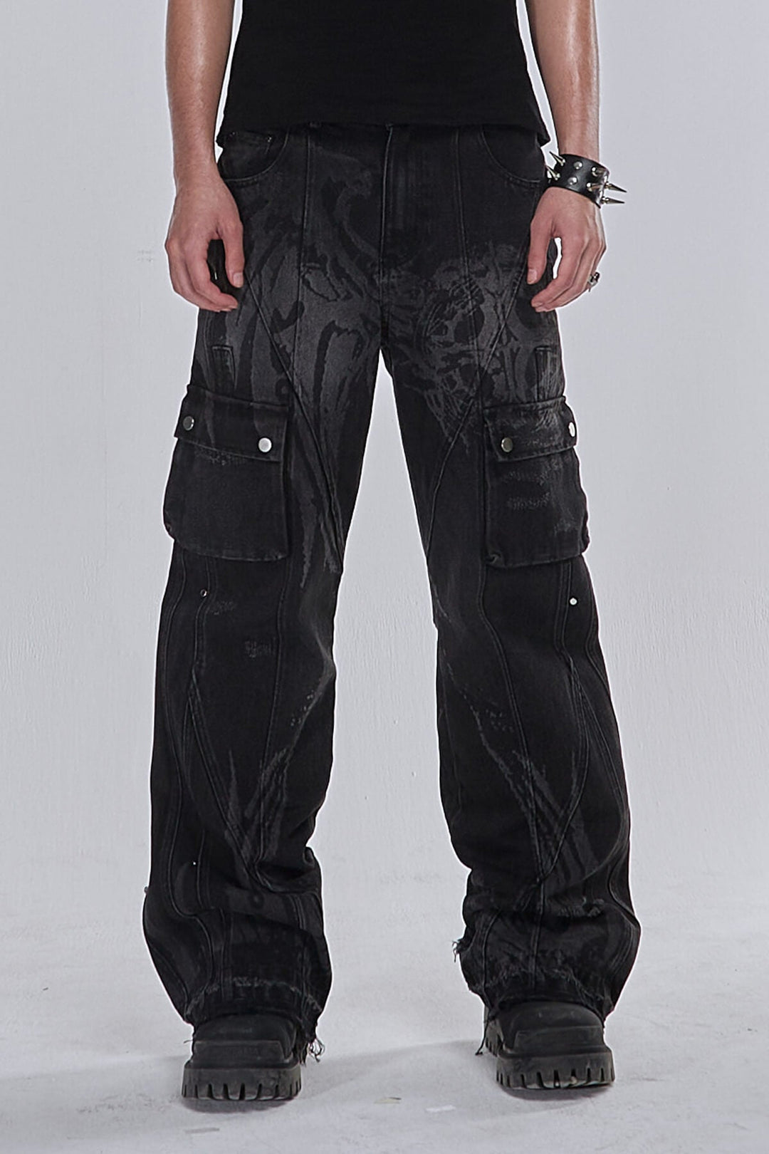 Black wide-leg graphic cargo jeans with multiple utility pockets